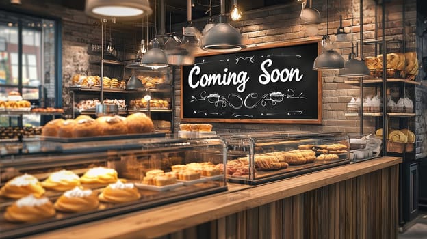 Modern bakery interior featuring a stylish counter displaying an array of fresh pastries. a prominent chalkboard with elegant handwritten typography reads "coming soon," creating an inviting and trendy atmosphere. ideal for design inspiration.