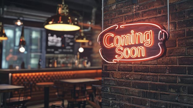 A vibrant neon "coming soon" sign illuminates an industrial-style cafe with exposed brick walls. the warm, ambient lighting and sleek furnishings enhance the modern, trendy atmosphere, perfect for promotional and design inspiration.