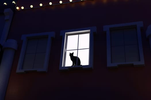 A mysterious cat silhouette quietly sits in a window, beautifully illuminated by soft light during the night