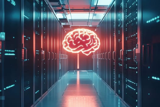 A computer server room with a glowing brain on the wall. The room is dimly lit and the brain is glowing in red and blue. The room is filled with rows of servers