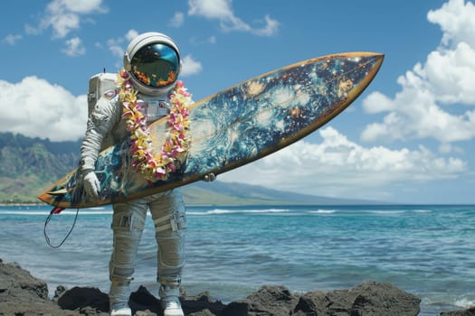 A man in a spacesuit is holding a surfboard on a beach. The image has a sense of adventure and exploration, as the man is dressed in a space suit and standing on a rocky beach