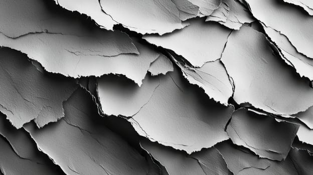 Layered torn paper textures create a striking abstract background in monochrome tones. the highly textured and irregular edges offer a unique element for modern branding, graphic design, or artistic compositions, emphasizing depth and contrast.