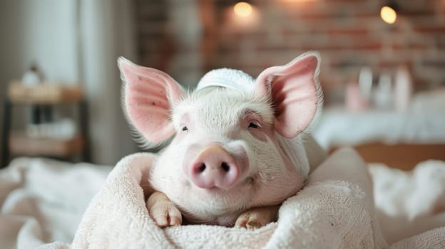 Spa delight whimsical tribute to National Pig Day in United States, highlighting a charming pig indulging in pampering on March 1st, reflecting the playful and affectionate spirit of the occasion