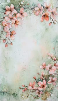 Delicate hand-painted cherry blossoms adorn a soft pink and green watercolor background, providing an elegant and versatile design. the empty center offers ample space for personalized text, making it ideal for spring-themed cards or posters.
