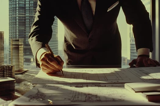 A man in a suit is writing with a pen on a piece of paper. Concept of professionalism and focus, as the man is likely working on a project or document. The presence of the pen