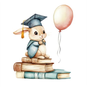 A Curious rabbit in graduation cap sits on books with balloon, celebrating achievement. Adorable and festive scene