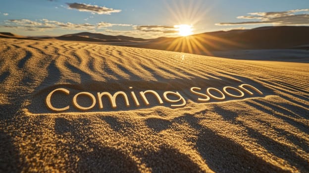 Golden sunrise casts long shadows over undulating sand dunes with "coming soon" etched into the surface, creating a surreal and inspiring scene perfect for motivational or promotional materials.