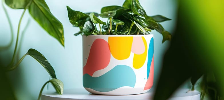 A ceramic plant pot adorned with a bold, abstract art sticker featuring vibrant colors. the pot houses lush green foliage, creating a fresh and dynamic contrast against a smooth, white backdrop, perfect for modern home decor.