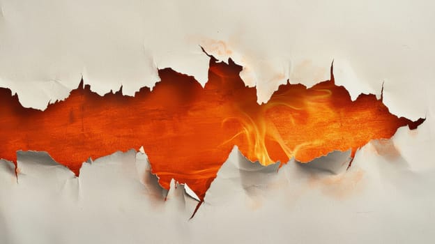 Torn black paper edges expose a vibrant orange flame-like texture beneath. the bold contrast creates a dramatic effect, perfect for event marketing or as a striking element in artistic visual designs.
