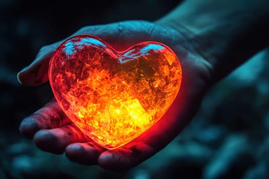 A hand holding a heart made of ice with a fire inside. The heart is glowing red and orange, giving it a warm and romantic appearance. Concept of love and passion, as well as the beauty of nature