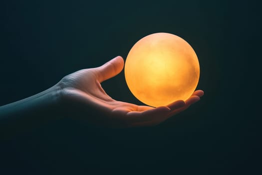 A hand holding glowing orb symbolizes business potential and success, evoking inspiration and ambition