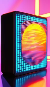 A black portable speaker adorned with a bold retro 80s rectangular sticker featuring a vibrant striped design and circular graphics. neon lights in the background create an energetic atmosphere, blending retro and modern aesthetics.