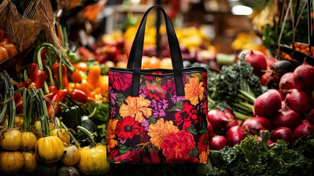 A vivid, sustainable tote bag sits surrounded by fresh fruits and vegetables at a bustling farmers market. the scene emphasizes eco-friendly shopping habits and a commitment to a healthy lifestyle, with an array of vibrant produce.
