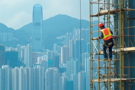 A man in a safety vest is working on scaffolding on a building. The city below is bustling with activity