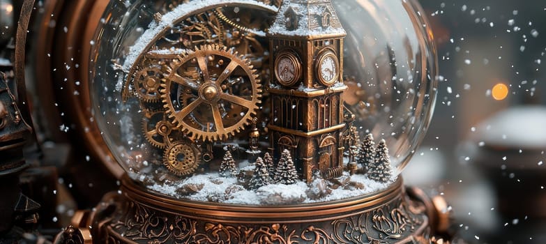 Steampunk-themed snow globe showcasing intricate brass gears and a snowy clock tower. delicate snowflakes fall around the detailed copper and metallic engravings, creating a unique decorative piece that blends vintage charm with mechanical artistry.