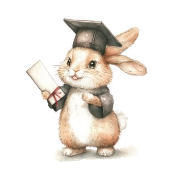A Fluffy bunny with graduation cap holding diploma, celebrating achievement. Perfect for educational themes and cute designs