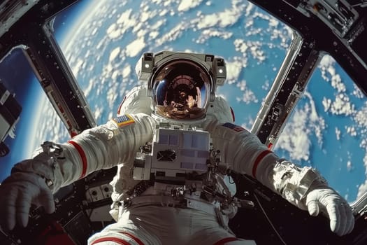 A man in a space suit is looking out the window of a spacecraft. Concept of wonder and adventure, as the man is exploring the vastness of space