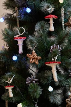 Charming and delightful mushroom ornaments beautifully adorn a wonderfully decorated Christmas tree this year