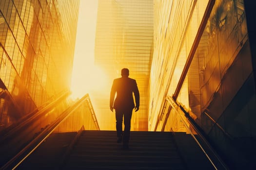 A man walks up a set of stairs in a city. The sun is shining brightly, casting a warm glow on the scene. The man is in a hurry, possibly heading to work or an important meeting