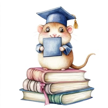 A Happy hamster in graduation cap holding diploma on stack of books, whimsical and fun design