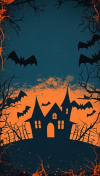 Halloween-themed card template featuring a haunted house silhouette against a vibrant orange and black sky with bats flying overhead. includes a blank space for personalized messages, blending playful and eerie elements for festive designs.