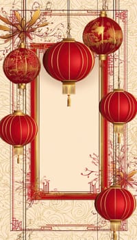 Red and gold lunar new year greeting card template featuring traditional chinese lanterns. the ornate design includes an elegant blank center framed by intricate patterns, ideal for festive messages, invitations, or celebratory decor.