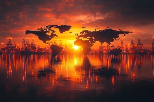 A sunset over a body of water with a globe in the middle. The globe is surrounded by a cityscape with many buildings and a large body of water. The sky is orange and the water is calm