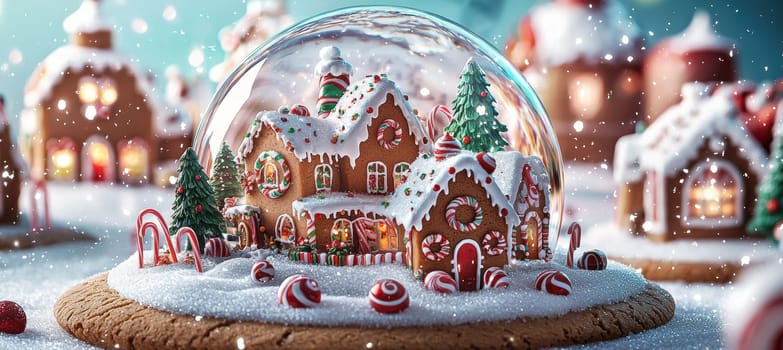 A whimsical snow globe showcasing a gingerbread village amid swirling snow and candy accents. the village sits on a cookie-like base with intricate icing details, emanating a festive holiday ambiance and enchanting charm.