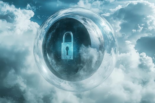 A blue sphere with a lock on it is floating in the sky. The lock is surrounded by a blue glow, giving the impression of a futuristic, high-tech device. The sky is filled with clouds, creating a moody