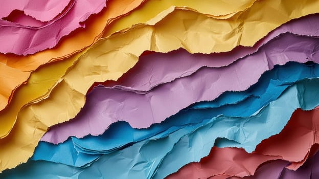 Brightly colored torn paper layers arranged in a wave-like pattern, showcasing contrasts in texture and hue. this dynamic composition is ideal for use in lively and visually engaging advertising, graphic design, or marketing materials.