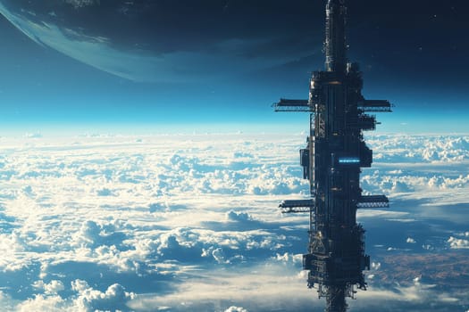 A large space station is floating in the sky above a cloudy planet. The space station is surrounded by a blue sky and a large planet in the background. Scene is one of wonder and exploration