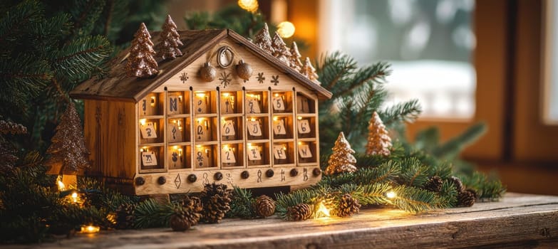 A charming rustic wooden advent calendar featuring tiny doors and compartments. it is set against a backdrop of natural pine branches, decorated with pinecones and illuminated by warm holiday lights, creating a cozy festive atmosphere.