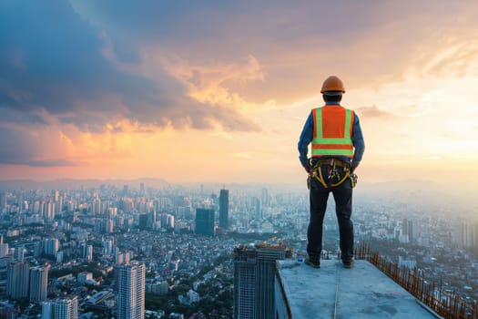 A man in a safety vest stands on a rooftop overlooking a city. The sky is cloudy and the sun is setting, creating a moody atmosphere. The man's safety vest