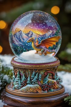 A whimsical snow globe showcasing a miniature dragon atop a snowy mountain, surrounded by shimmering, colorful snowflakes. the ornate base features intricate fantasy designs, adding a magical touch perfect for holiday decoration.