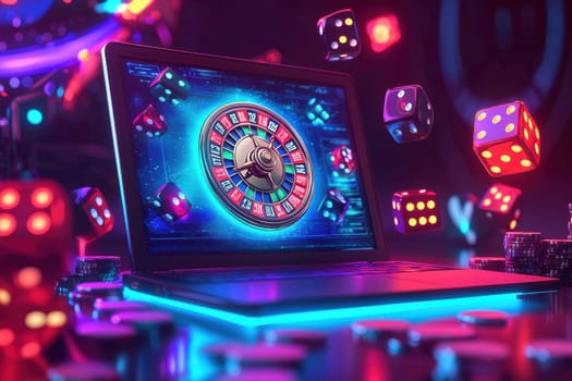 A laptop screen shows a roulette wheel with a bunch of dice flying around it. The scene is set in a casino, and the laptop is displaying a game of roulette. Scene is lively and exciting