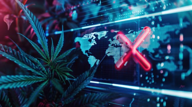 A holographic display features a world map with highlighted narcotics hotspots, overlaid by a large red x symbolizing the urgent need to halt drug use. vibrant digital elements and cannabis plants create a futuristic and impactful design.