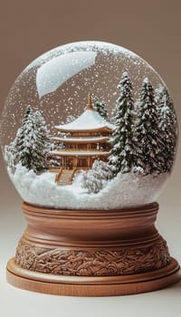 Snow globe featuring a buddhist temple with snow-covered pine trees. gentle snow swirls inside, and the wooden base is adorned with traditional asian motifs, creating a tranquil and festive winter scene ideal for decor.