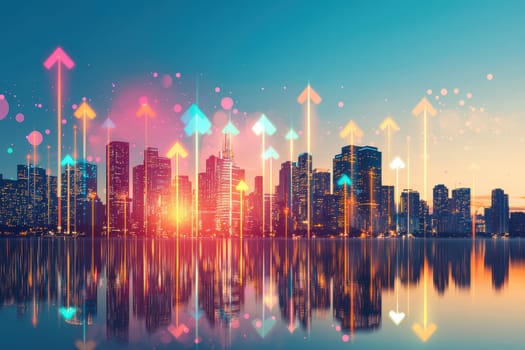 A city skyline with many buildings and a large body of water. The water is reflecting the city skyline and the sky. The city skyline is lit up with many lights, giving the impression of a bustling