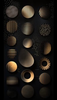 Minimalist stickers featuring diverse geometric patterns are arranged on a sleek black surface. the composition is enhanced by dramatic, soft lighting, emphasizing the intricate designs and modern aesthetic suitable for decor or creative projects.