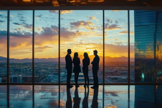 A group of people are standing in front of a window, looking out at the city below. The sun is setting, casting a warm glow over the scene. The people are dressed in business attire