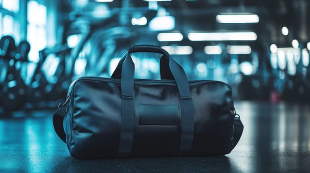 A bold sports logo sticker mockup showcased on a sleek black gym bag against a backdrop of a bustling gym. the dynamic setting features blurred motion, the active atmosphere and modern fitness equipment.