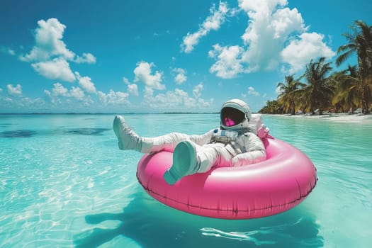 A man in a spacesuit is floating on a pink inflatable raft in the ocean. The scene is bright and cheerful, with the man's suit and the pink raft adding a playful touch to the image