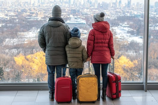 A family of four is standing in front of a window with their luggage. They are all wearing winter coats and hats. The luggage includes a red suitcase and two yellow suitcases