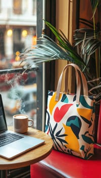 Vibrant tote bag with bold typography print next to a steaming coffee cup and open laptop in a cozy cafe setting. ideal for showcasing a creative workspace, freelance lifestyle, or design elements in a modern and inviting atmosphere.