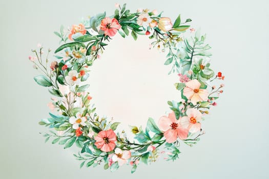 Hand-painted floral wreath featuring pink and green flowers on a light pastel background, perfect for a mother's day card. the design provides space for a personalized message, embodying a natural and delicate style ideal for print or poster use.