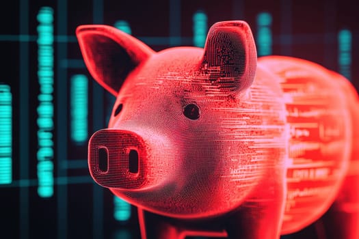 A pig is shown in a red and blue background. The pig is a digital image, and it is a computer-generated image. The pig is looking at the camera, and it seems to be a playful and whimsical image