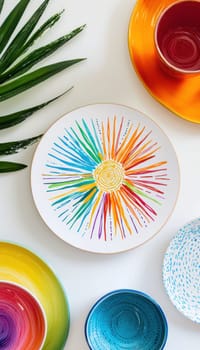 A colorful circular sticker with a hand-drawn sunburst design is adhered to a white ceramic plate. styled with vibrant bowls and a striped napkin, this setup creates a cheerful and dynamic kitchen aesthetic perfect for lively gatherings.