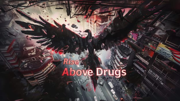 Dramatic depiction of a phoenix rising from ashes, symbolizing strength and recovery from addiction. the vibrant colors and dynamic composition convey hope and renewal. includes a prominent helpline number for support.