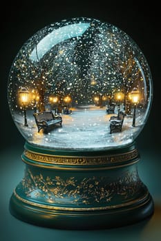 Snow globe showcasing a tranquil winter park with benches and a frozen pond, surrounded by glowing lanterns. the dark green base features intricate gold patterns, adding an elegant touch to the delicate, wintry atmosphere.