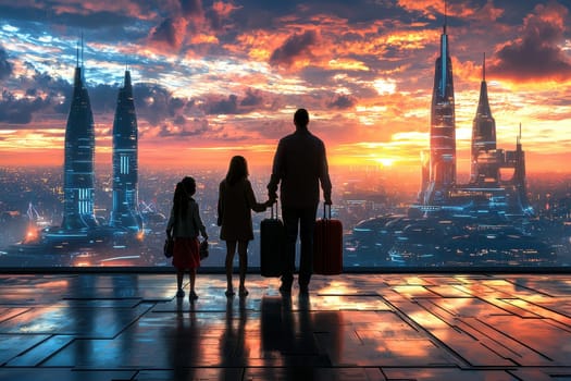 A family of three is standing on a bridge looking out over a city. The sky is orange and the buildings are lit up. Scene is one of excitement and anticipation